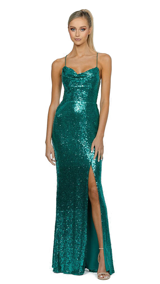 Bariano Stephanie Cowl Gown Emerald